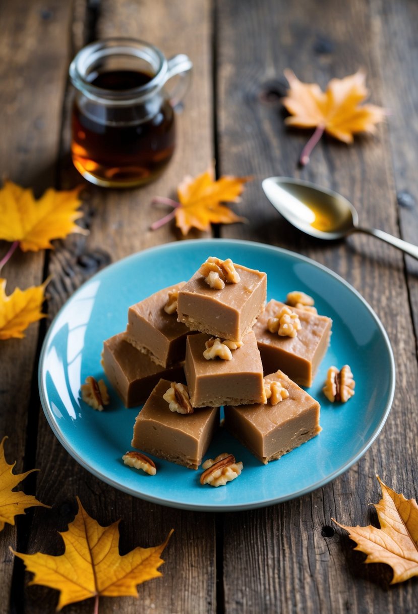 A rustic wooden table adorned with a plate of rich, creamy maple walnut fudge surrounded by scattered maple leaves and a small jar of maple syrup