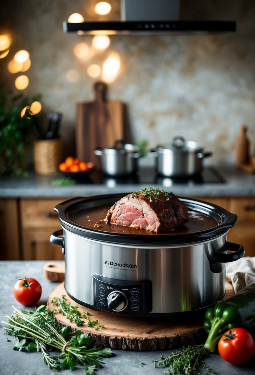 A rustic kitchen with a slow cooker simmering a savory Italian-style rump roast, surrounded by fresh herbs and vegetables