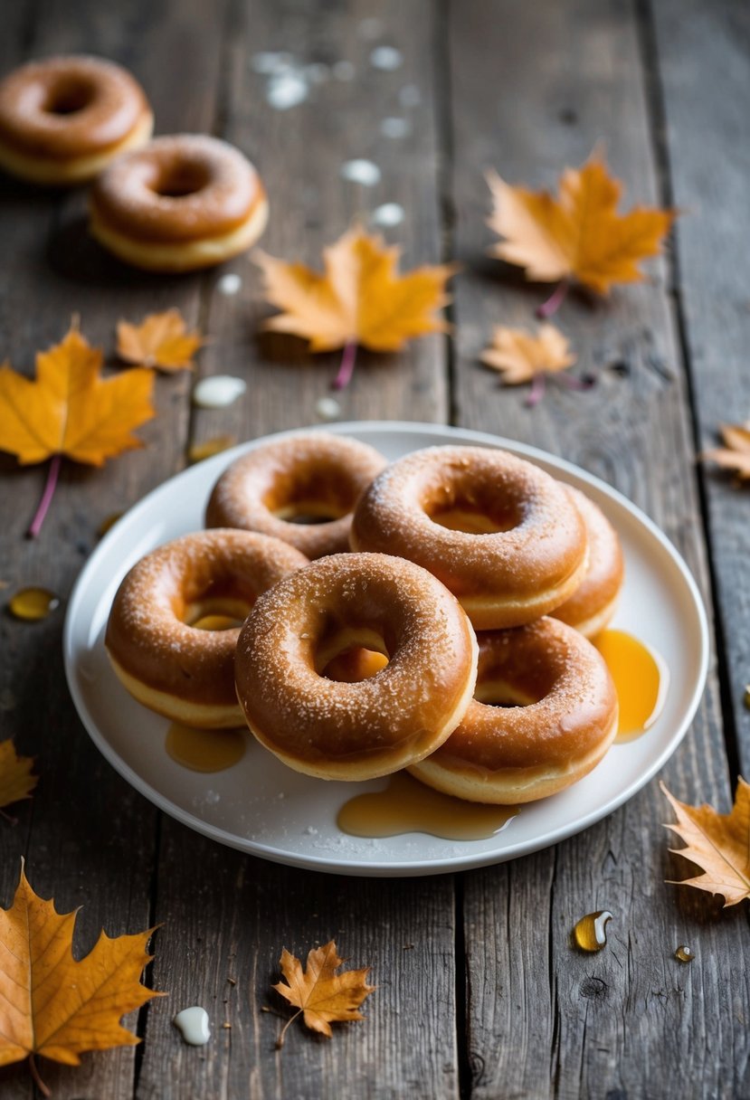 A plate of freshly baked maple glazed donuts sits on a rustic wooden table, surrounded by scattered maple leaves and a drizzle of syrup