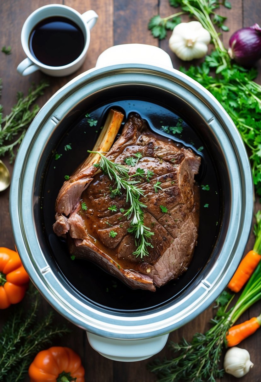 A crock pot filled with red wine braised rump roast surrounded by aromatic herbs and vegetables