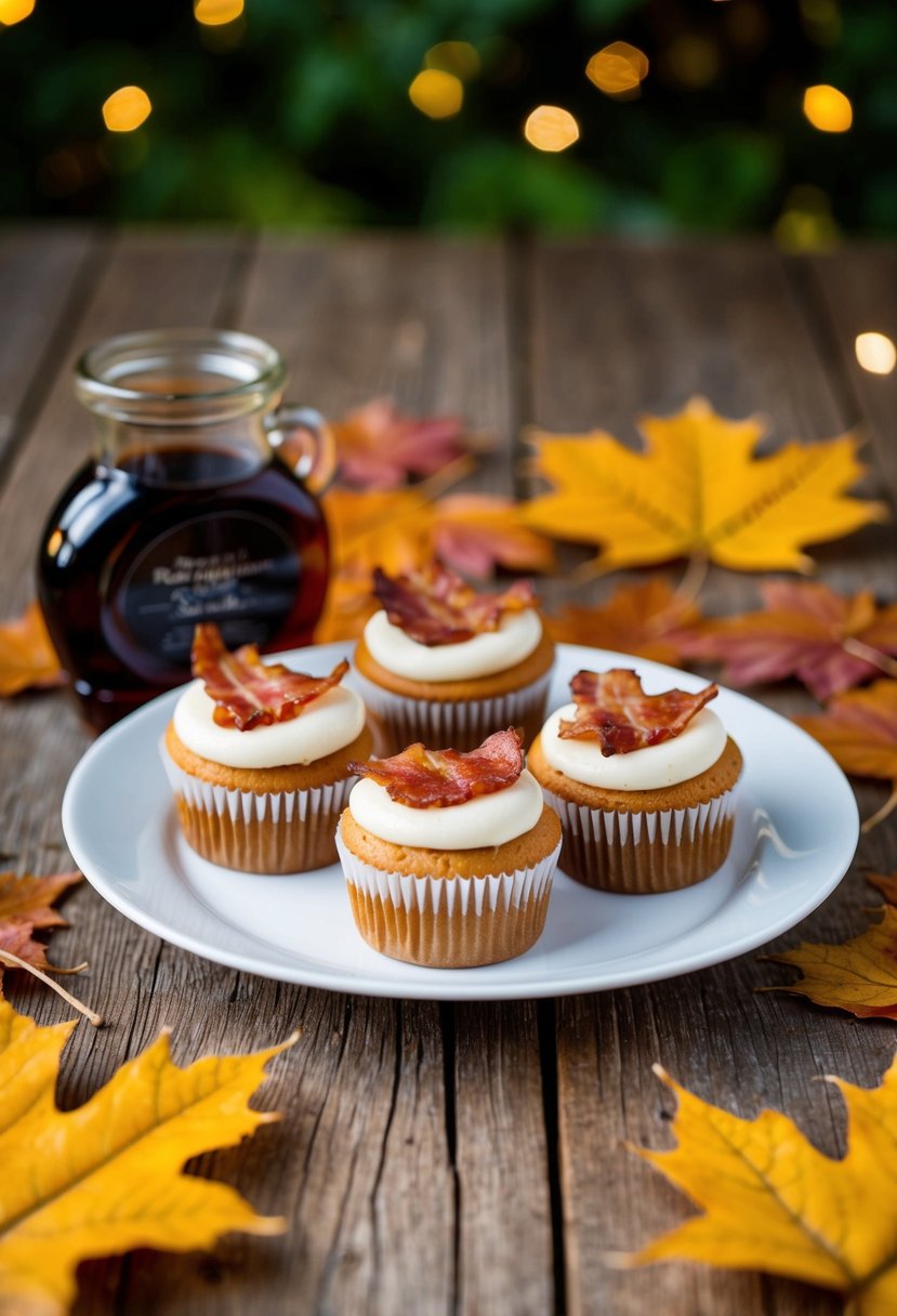 A plate of maple bacon cupcakes surrounded by maple leaves and a jar of syrup