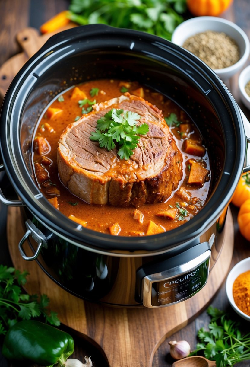 A crockpot simmering with spicy chipotle rump roast, surrounded by fresh ingredients and aromatic spices