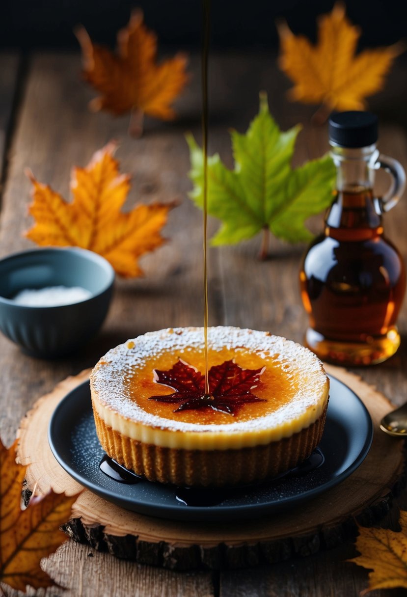 A maple creme brulee sits on a rustic wooden table, surrounded by fresh maple leaves and a drizzle of syrup