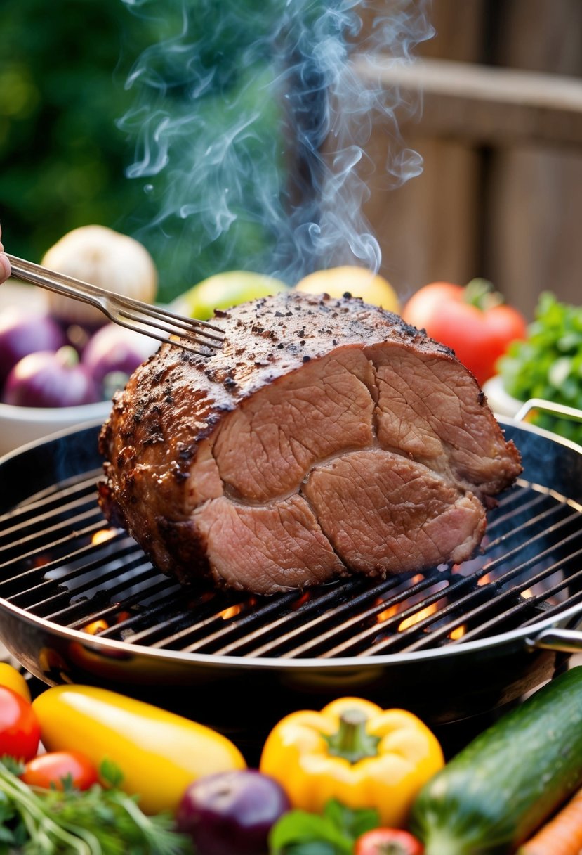 A sizzling rump roast on a smoking barbecue grill, surrounded by colorful vegetables and aromatic herbs