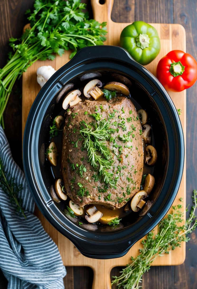 A crock pot filled with herbed mushroom rump roast surrounded by fresh herbs and vegetables on a wooden cutting board