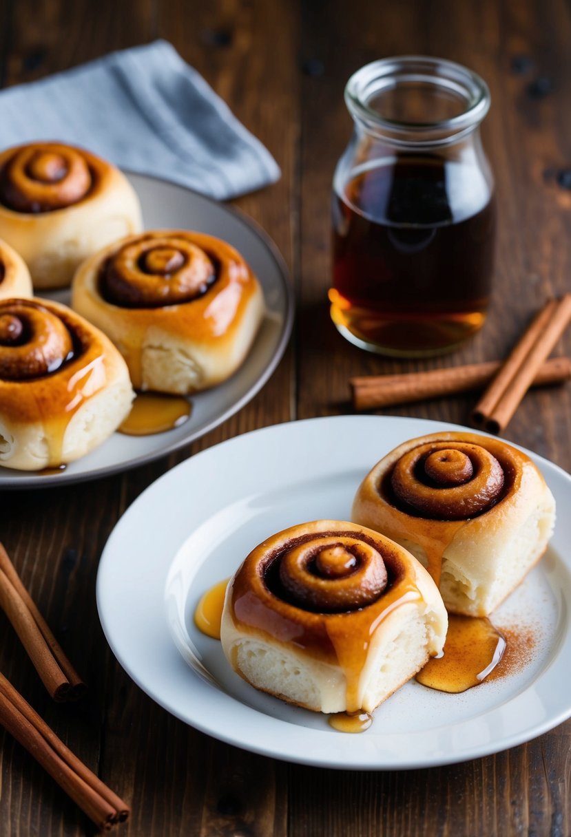 A wooden table with freshly baked cinnamon rolls drizzled with maple syrup and sprinkled with cinnamon, accompanied by a jar of maple syrup and a few scattered cinnamon sticks