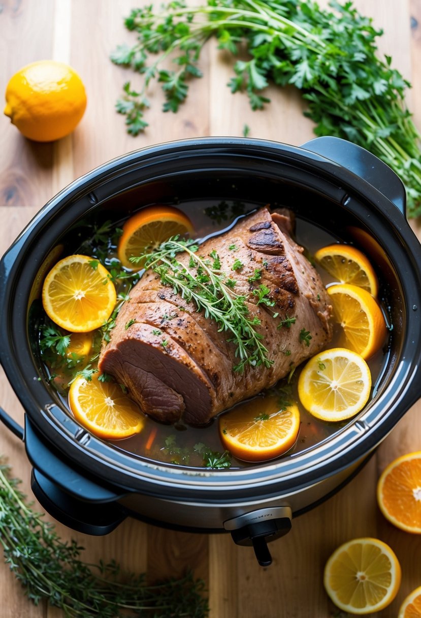 A crockpot simmering with citrus-infused rump roast, surrounded by fresh herbs and slices of lemon and orange