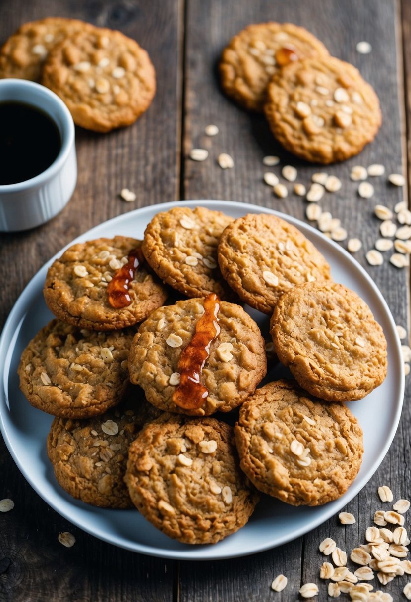 A plate of golden-brown maple oatmeal cookies arranged on a rustic wooden table with a scattering of whole oats and a drizzle of maple syrup