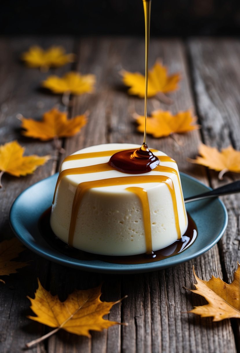 A creamy maple panna cotta sits on a rustic wooden table, surrounded by scattered maple leaves and drizzled with a rich maple syrup