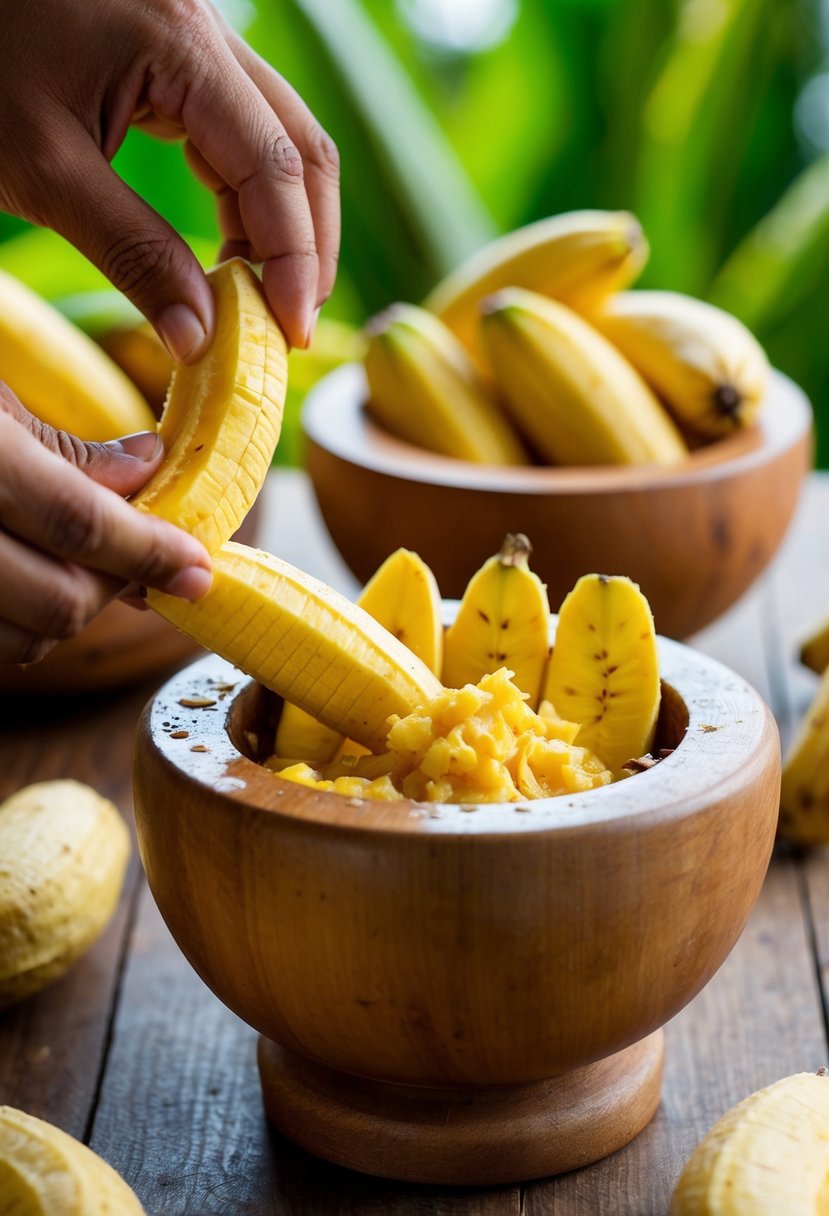 Ripe plantains being peeled, boiled, and mashed in a wooden mortar