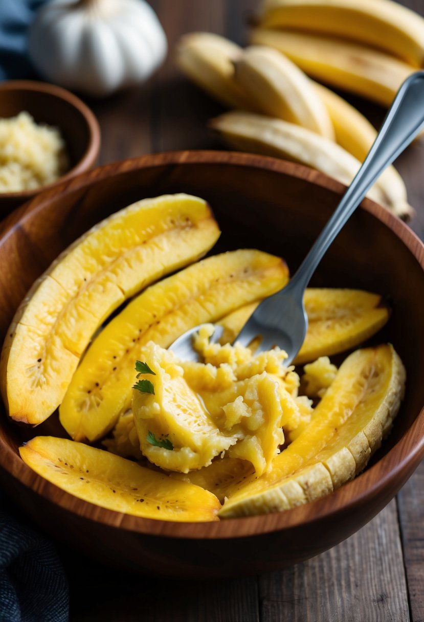 Ripe plantains being mashed with garlic butter in a wooden bowl