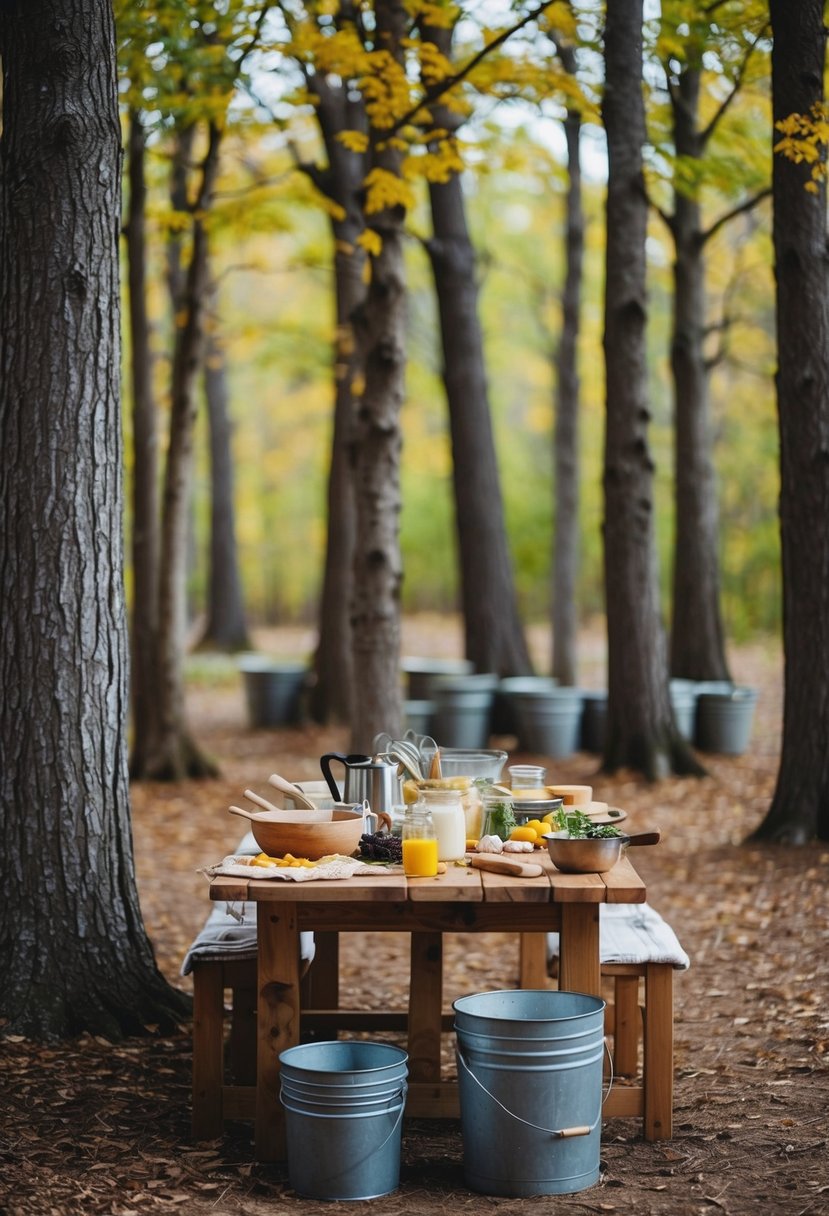 A rustic kitchen with a wooden table covered in ingredients and utensils, surrounded by maple trees with buckets collecting sap