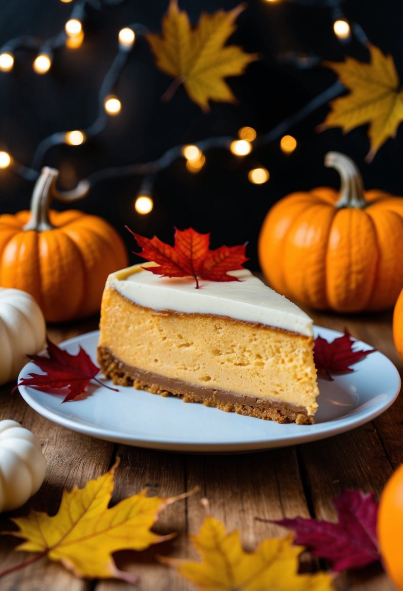 A slice of maple pumpkin cheesecake surrounded by maple leaves and pumpkins