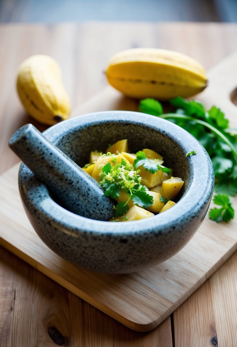 A mortar and pestle mashing ripe plantains with cilantro and lime zest