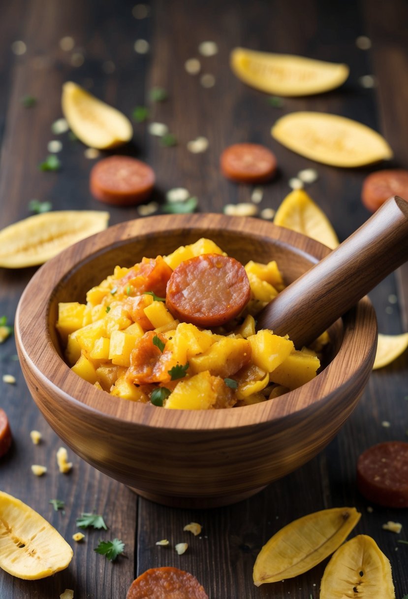 A wooden mortar and pestle filled with mashed plantains and spicy chorizo, surrounded by scattered plantain peels and chorizo slices