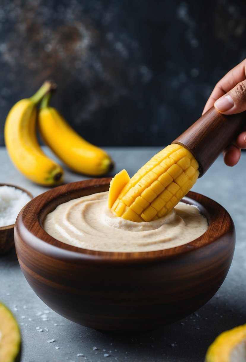 A ripe plantain being peeled and mashed into a creamy coconut-infused puree in a wooden mortar and pestle