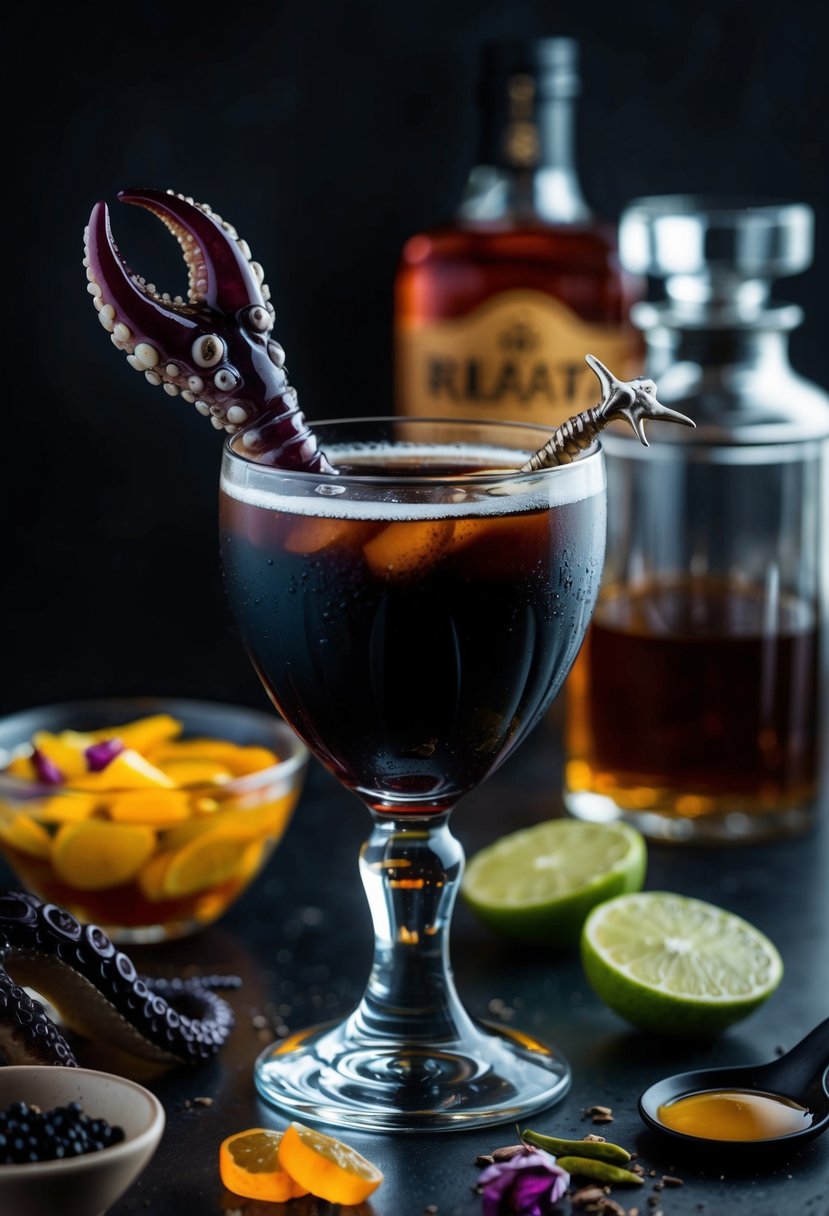 A kraken-shaped glass filled with a dark, mysterious cocktail, garnished with a tentacle-shaped stirrer and surrounded by exotic ingredients