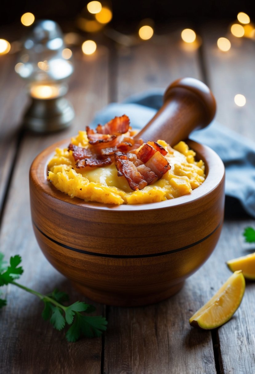 A wooden mortar and pestle filled with mashed plantains, topped with crispy bacon and melted cheese