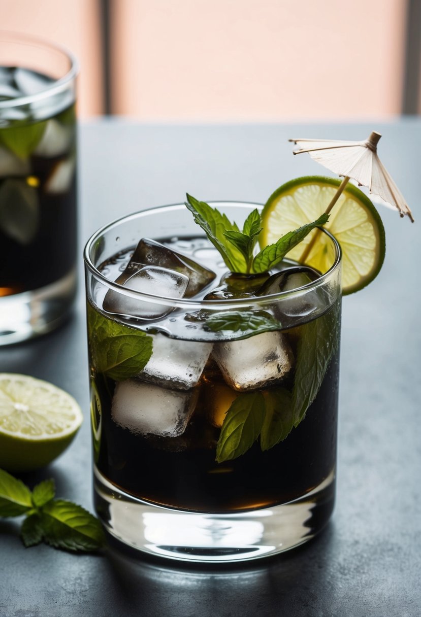 A glass filled with ice, mint leaves, and a dark liquid, with a splash of lime and a small umbrella on the rim