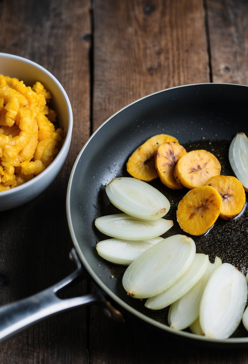 Sliced onions sizzling in a pan, next to a bowl of mashed plantains