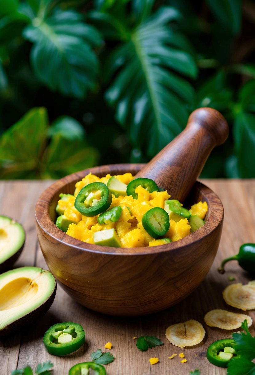 A wooden mortar and pestle filled with mashed plantains, jalapeños, and avocado, surrounded by scattered plantain peels and greenery