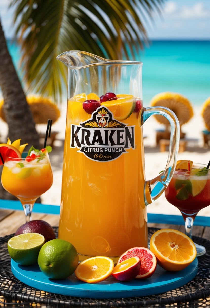 A tropical beach bar with a large pitcher of Kraken Citrus Punch surrounded by fresh fruit and colorful drink garnishes