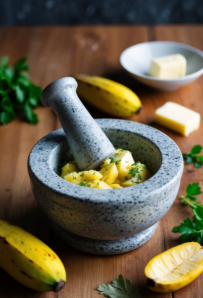 A mortar and pestle mashing ripe plantains with herbs and butter