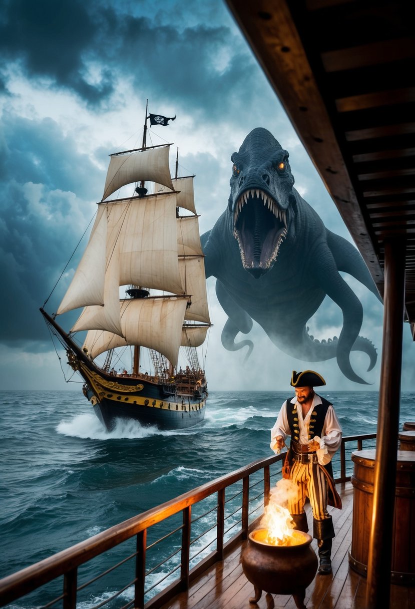 A pirate ship sails through stormy seas, a giant kraken looming in the background. On deck, a crew member mixes a mysterious potion in a bubbling cauldron