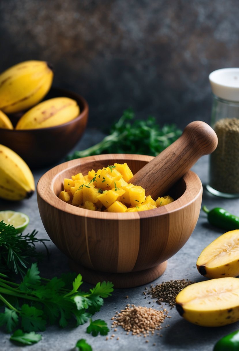 A wooden mortar and pestle filled with mashed plantains, surrounded by fresh herbs and spices on a rustic kitchen countertop