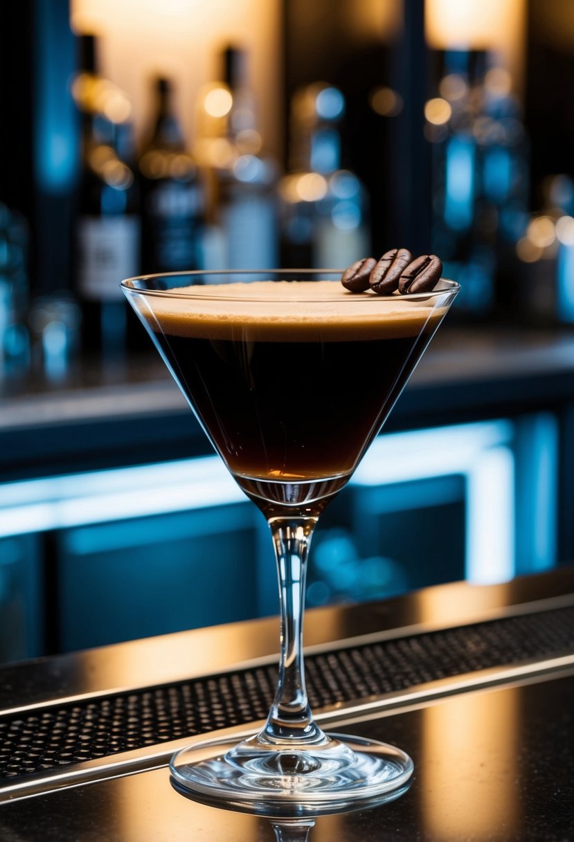 A sleek cocktail glass filled with a dark, frothy liquid sits on a polished bar, garnished with three coffee beans