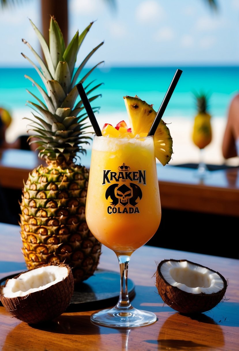 A tropical beach bar with a colorful Kraken Colada drink surrounded by pineapple and coconut