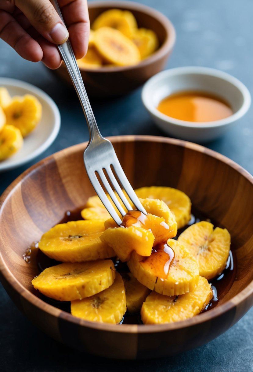 Ripe plantains being mashed with a fork, drizzled with maple syrup in a wooden bowl