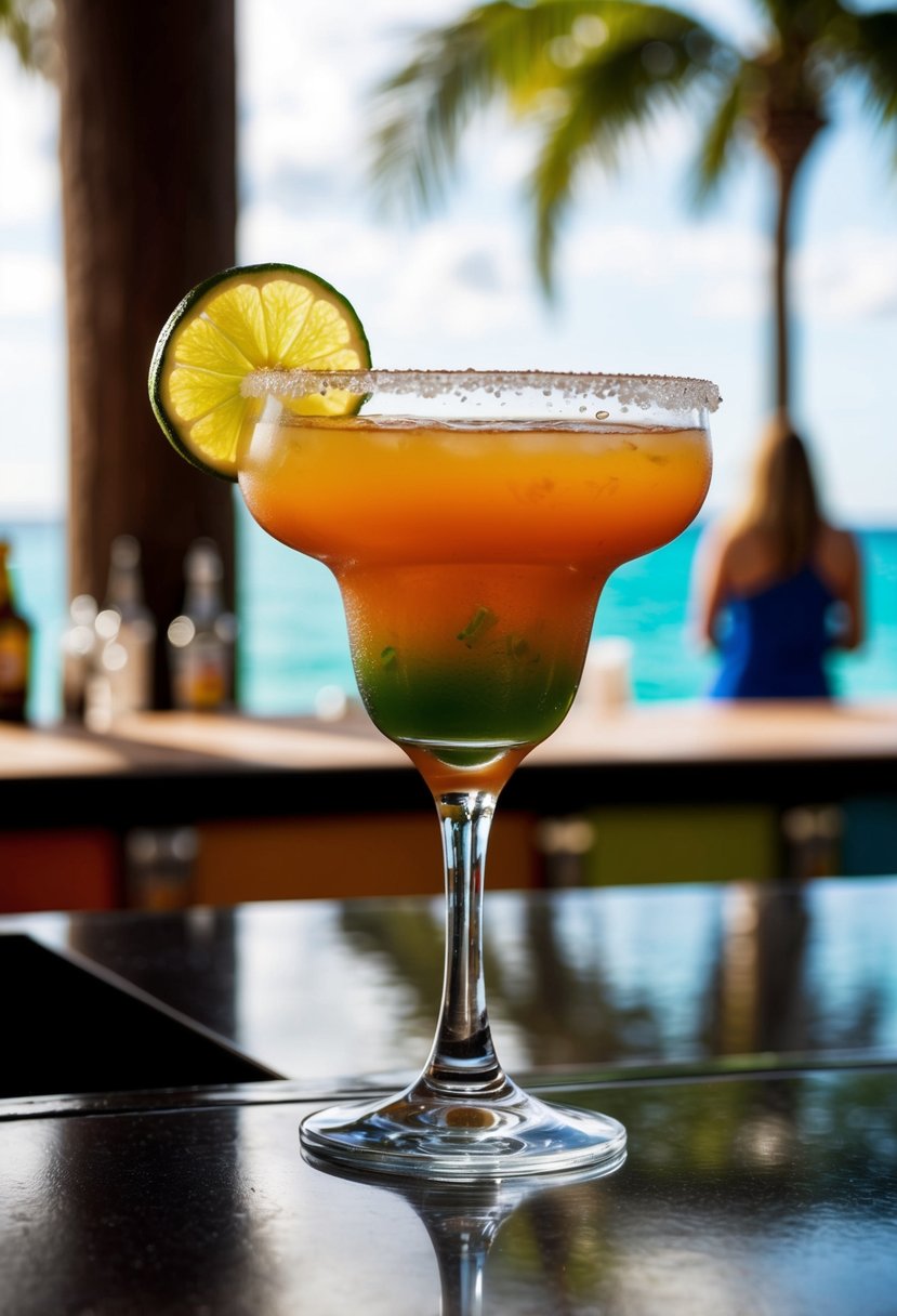 A colorful cocktail glass with a spicy Kraken margarita, garnished with a slice of lime and a salt rim, sitting on a beach bar counter