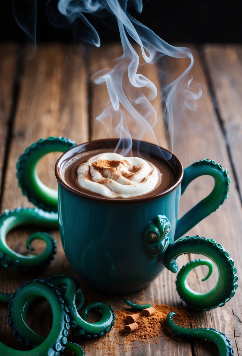 A steaming mug of Kraken Hot Chocolate surrounded by swirling tentacles and a sprinkle of cinnamon