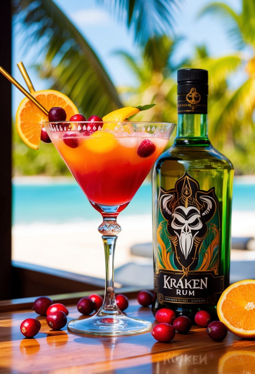 A tropical beach bar with a vibrant, fruity cocktail served in a decorative glass, surrounded by fresh cranberries and a bottle of Kraken rum