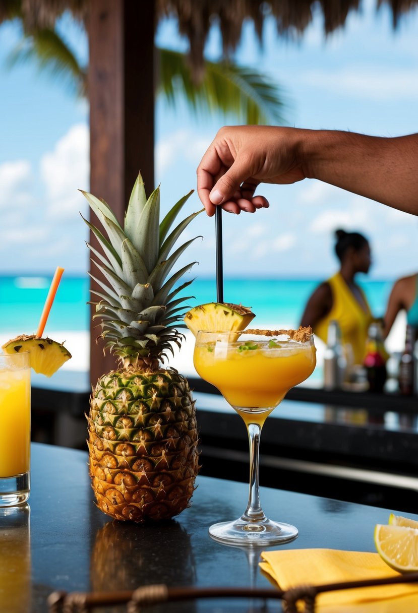 A tropical beach bar with a Kraken Pineapple Smash cocktail being prepared and served to a customer