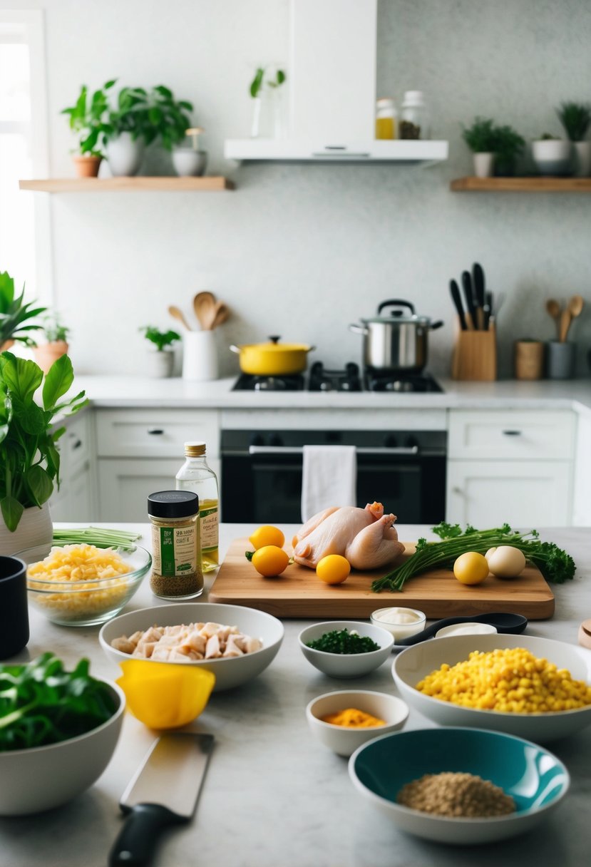 A kitchen counter with various ingredients and utensils for preparing chicken meal prep recipes