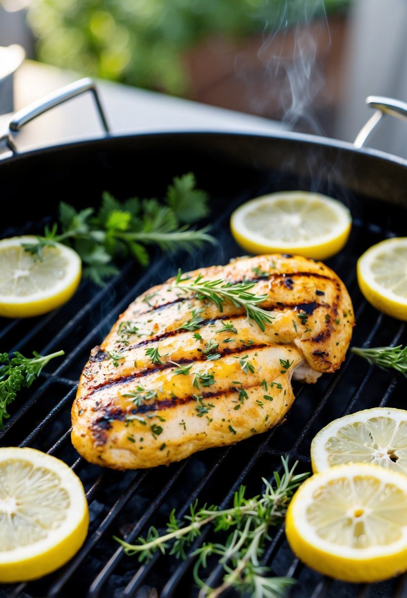 A sizzling lemon herb chicken breast grilling on a barbecue, surrounded by fresh herbs and lemon slices, ready for meal prep