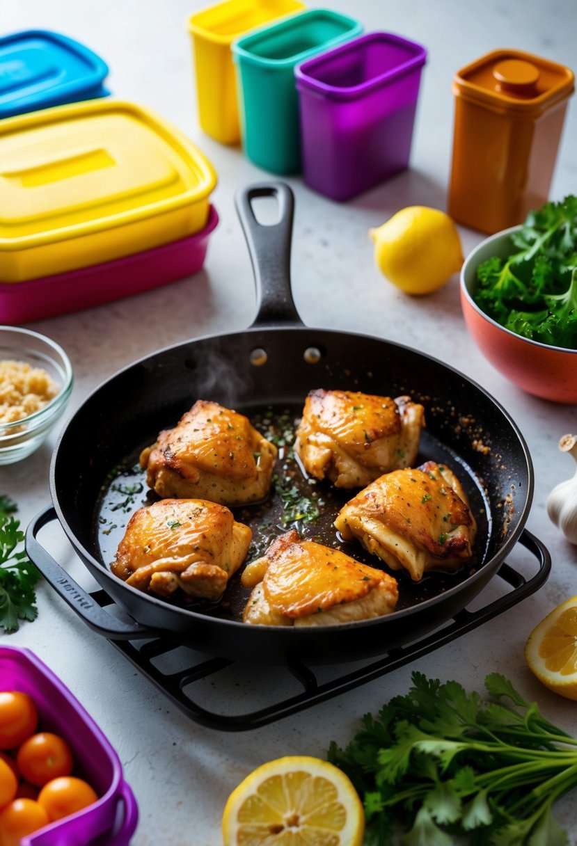 A sizzling skillet of honey garlic chicken thighs surrounded by colorful meal prep containers and fresh ingredients