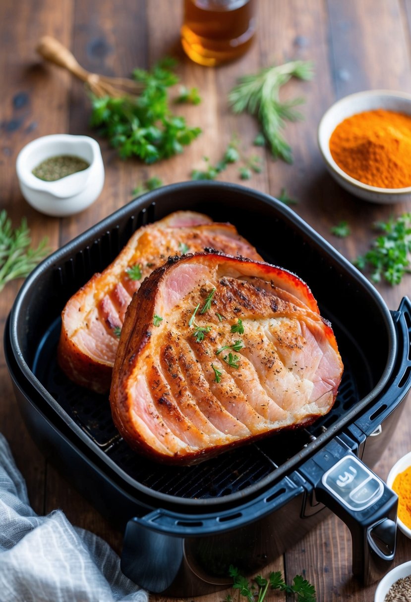 Sizzling ham steaks in an air fryer, surrounded by aromatic herbs and spices