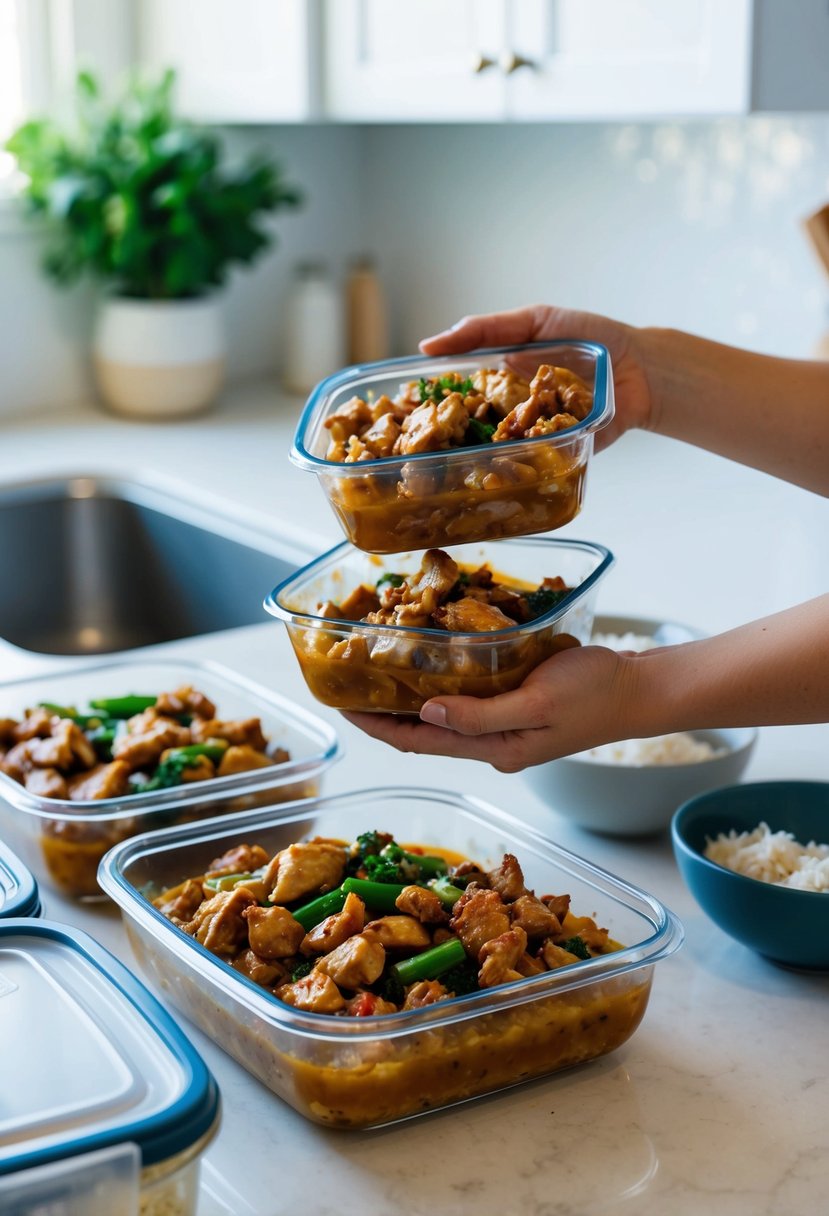 Freshly cooked teriyaki chicken stir fry being portioned into meal prep containers on a clean, organized kitchen counter