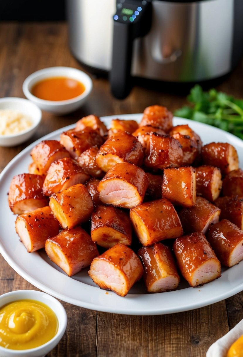 A platter of honey glazed ham bites sizzling in an air fryer