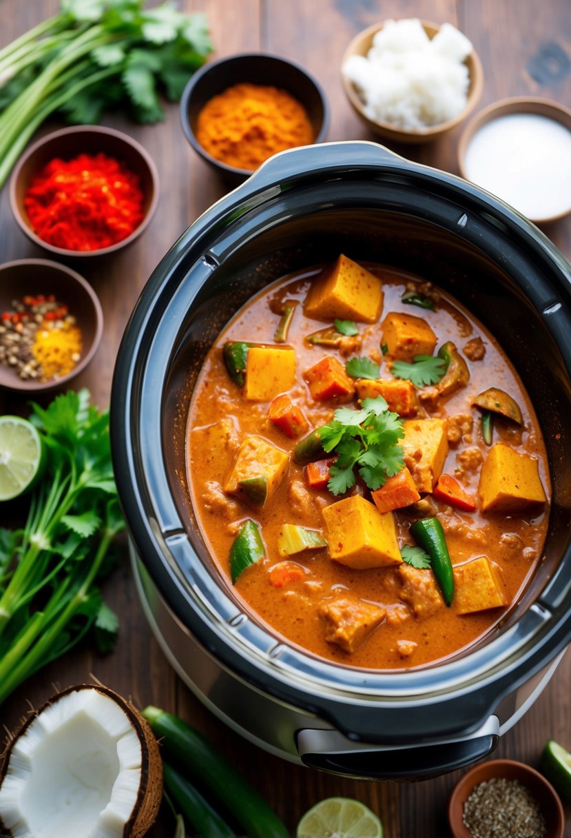 A crockpot filled with simmering Thai red curry, surrounded by vibrant ingredients like coconut milk, vegetables, and aromatic spices