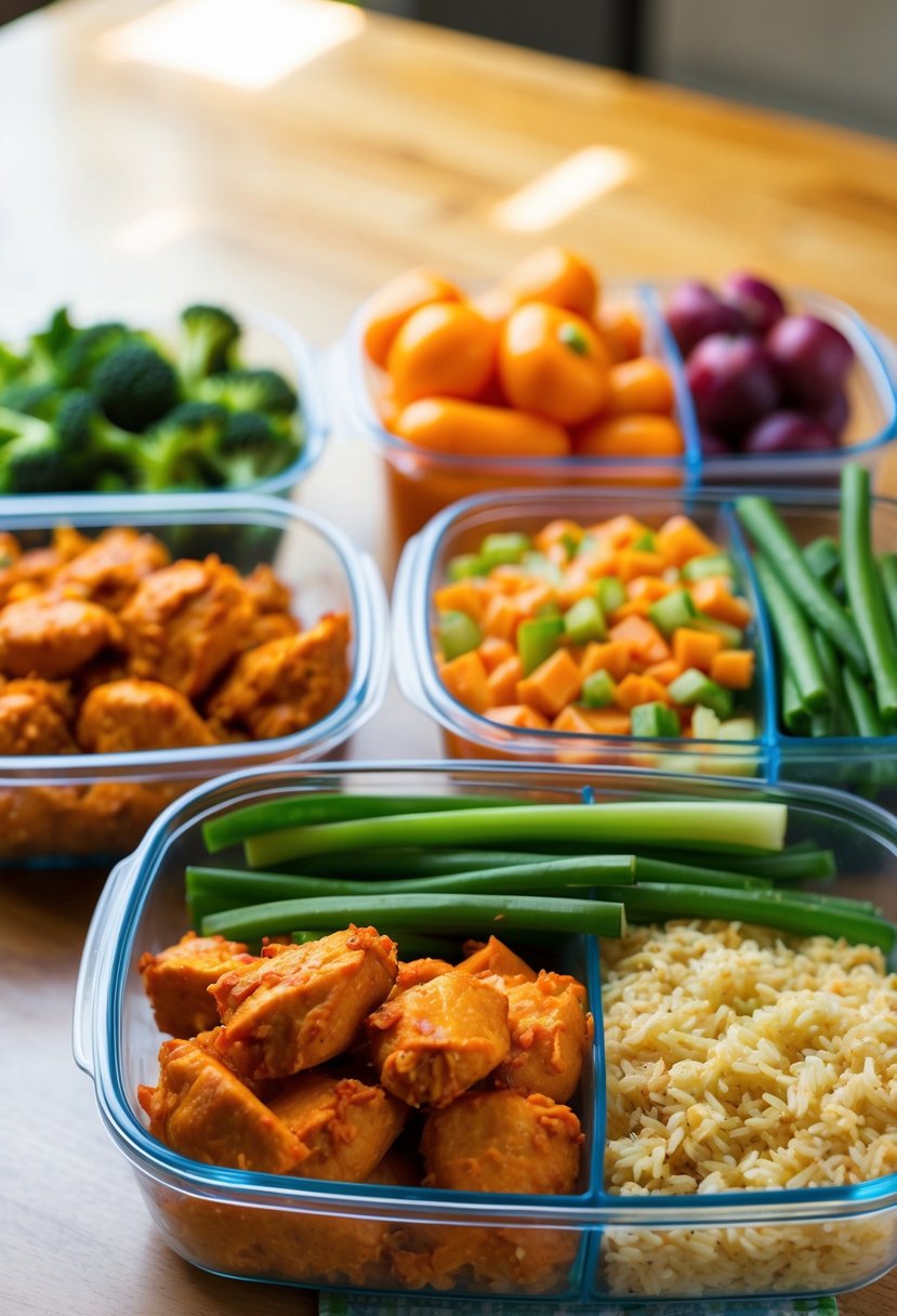 A colorful meal prep scene with buffalo chicken, rice, and assorted vegetables arranged in separate containers