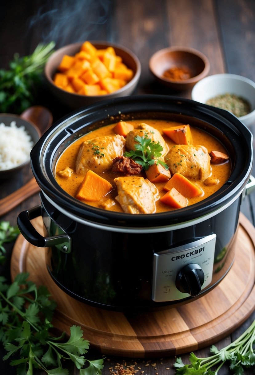 A bubbling crockpot filled with chicken, sweet potatoes, and vibrant red curry sauce, surrounded by fragrant herbs and spices