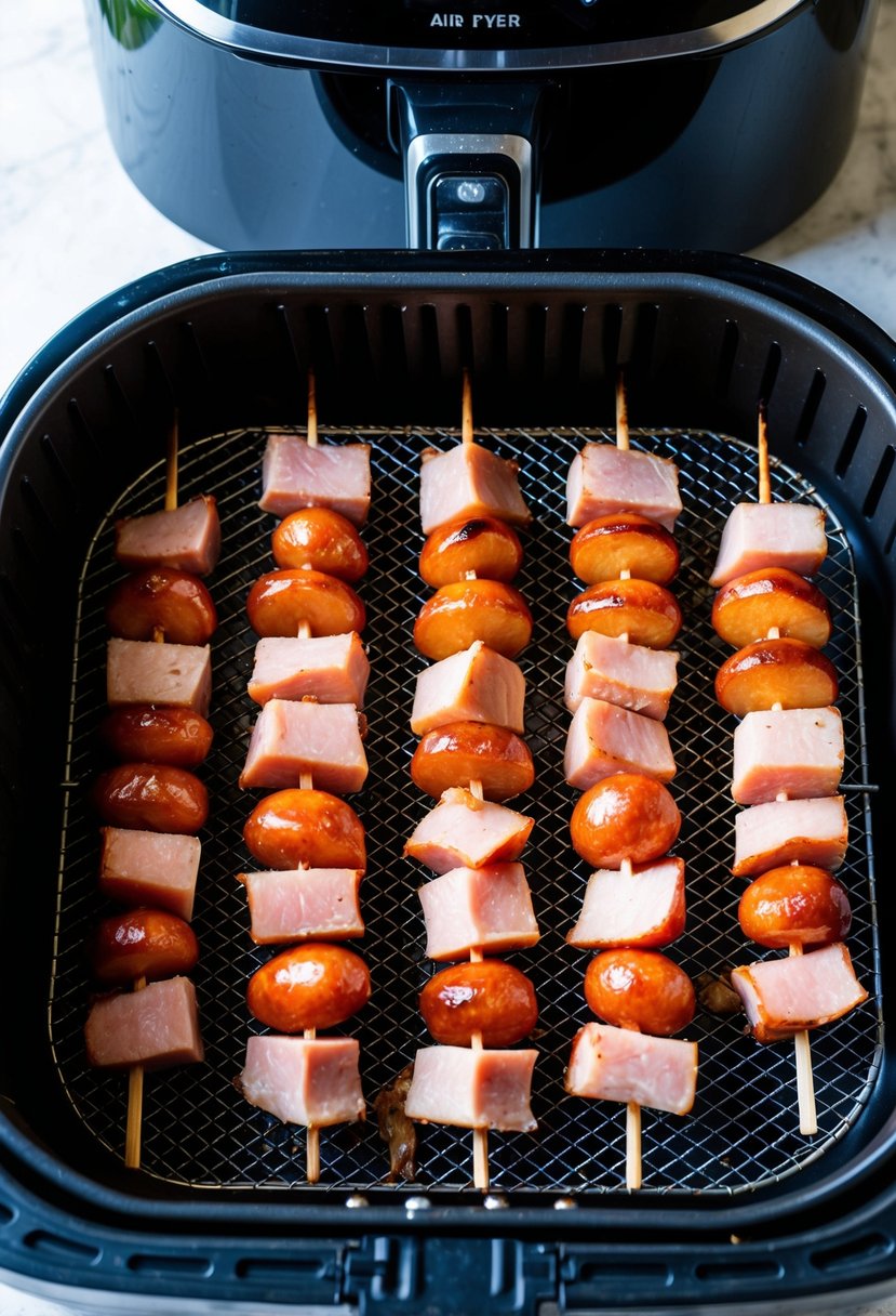 Maple Dijon ham skewers arranged on a wire rack inside an air fryer, ready to be cooked