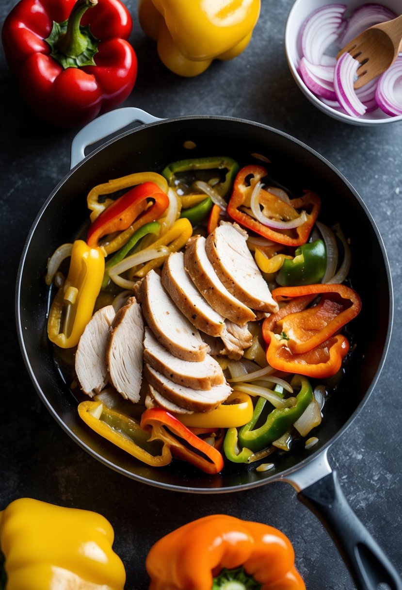 A colorful array of sliced chicken, bell peppers, and onions sizzling in a hot skillet, ready to be portioned out for meal prep