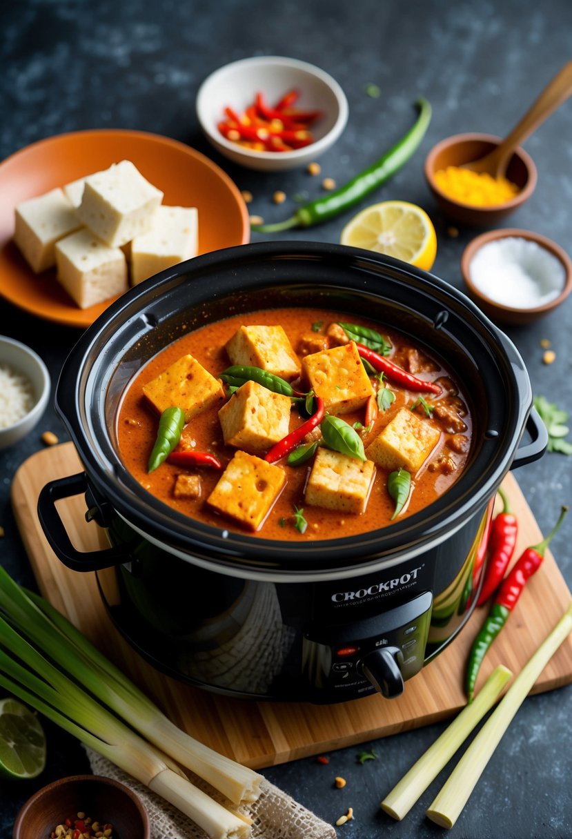 A bubbling crockpot filled with vibrant red Thai curry and chunks of tofu, surrounded by colorful ingredients like chili peppers, lemongrass, and coconut milk