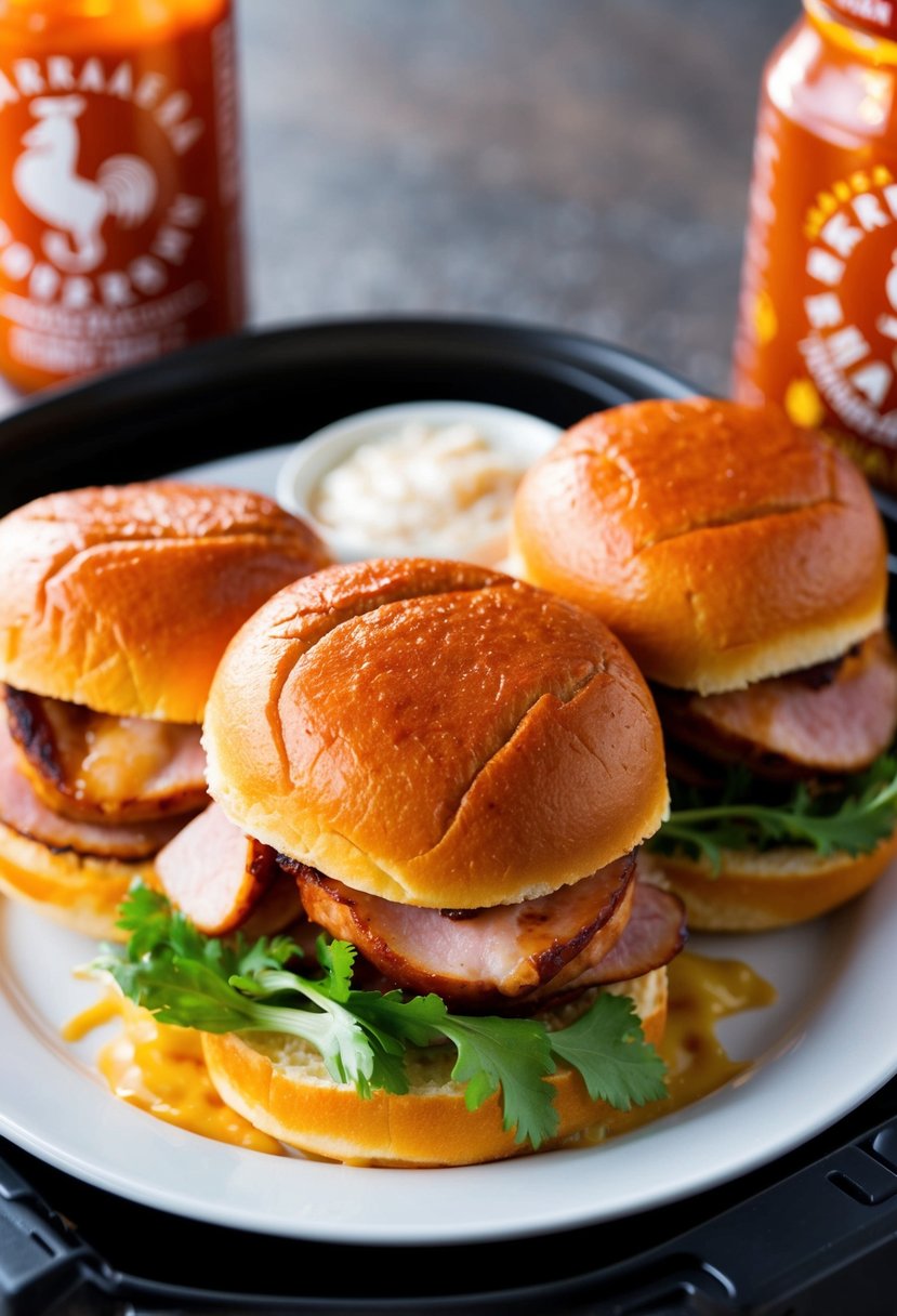 A platter of spicy Sriracha ham sliders sizzling in an air fryer