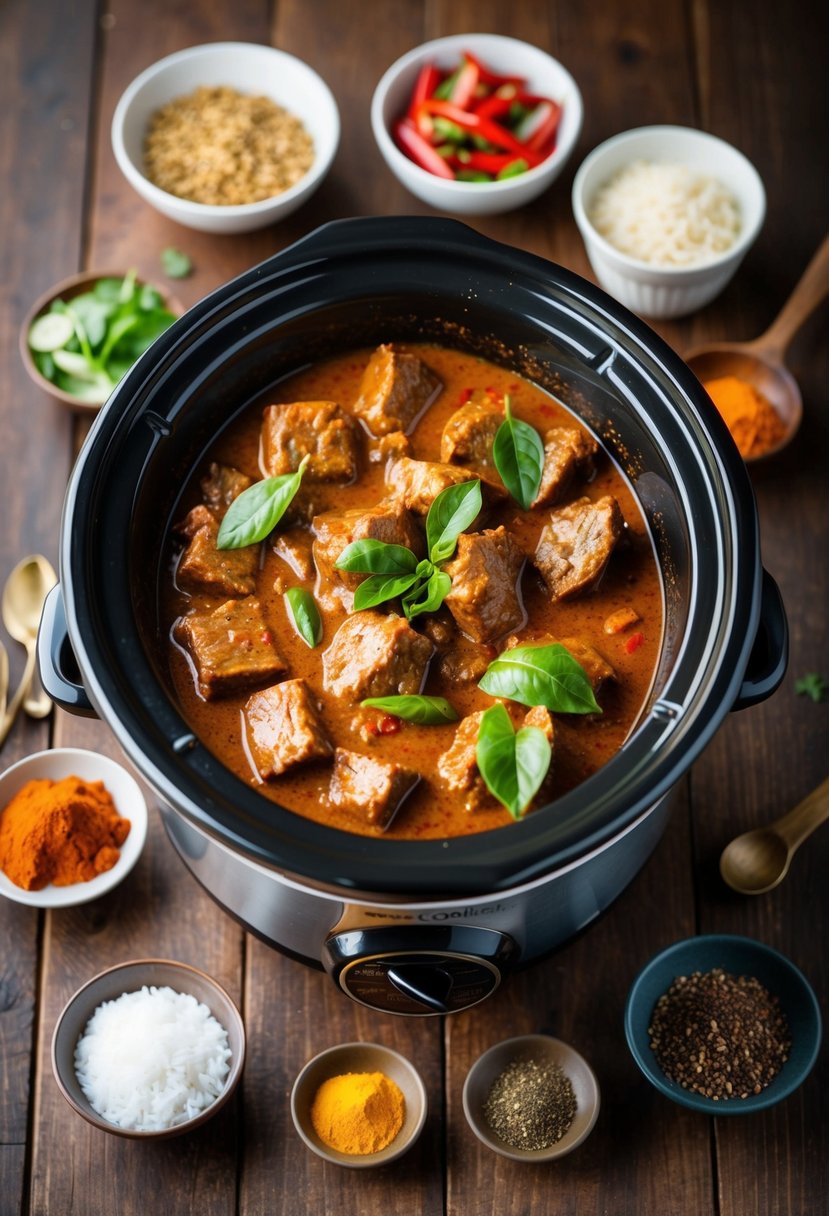 A slow cooker filled with simmering red curry beef, surrounded by Thai spices and ingredients